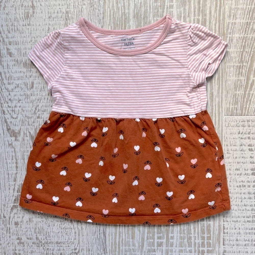 Carter's 3T Pink Stripe and Brown Heart Flowers Babydoll Top Short Sleeve